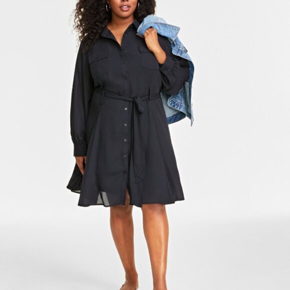 On 34th Plus Size Long-Sleeve Belted Black Shirtdress NWT - Picture 1 of 12